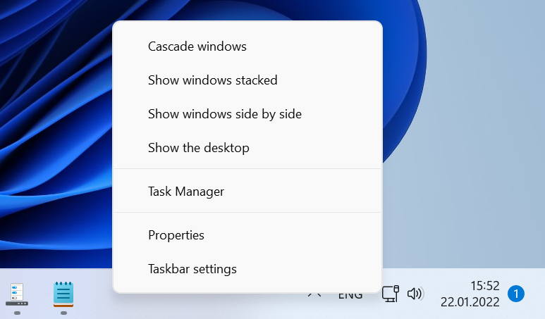 Restored taskbar context menu showing Task Manager and standard actions