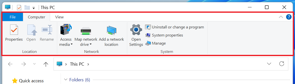 Classic ribbon visible in File Explorer with legacy context menu entries